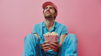 Obraz premium Full size photo of nice young guy hold raise popcorn watch movie sit floor wear trendy blue outfit isolated on pink color background : Generative AI