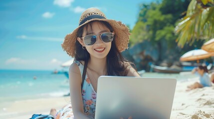 Fototapeta premium Traveler Asian woman relaxing at sea beach using laptop Businesswoman on vacation at private resort Attraction place tourist travel Phuket Thailand summer holiday Tourism beautiful des : Generative AI