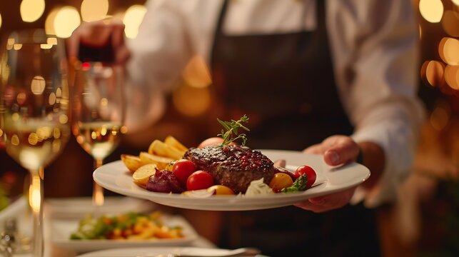 Fine dining food and waiter serving at a restaurant for a luxury valentines day or anniversary meal Formal hospitality service and server with a plate or dish for a fancy special dinne : Generative AI