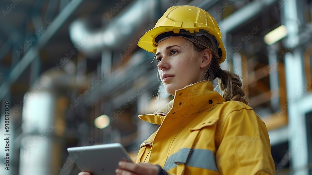 Poster Female engineer with digital tablet at construction site Factory foreman worker in hardhat at the precast factory site : Generative AI