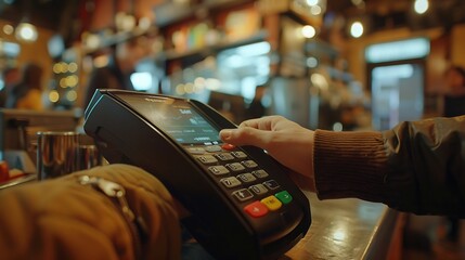Client paying bill using cashless technology close up Unrecognizable male customer restaurant guest cafe visitor apply his credit card on payment terminal machine Mobile electronic ban : Generative AI