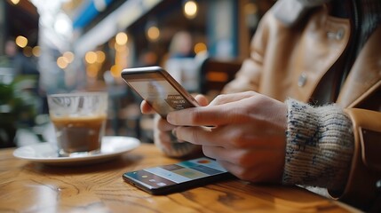 CU Man is using his smartphone in the cafe Online banking card wallet loyalty application blank screen phone mockup : Generative AI