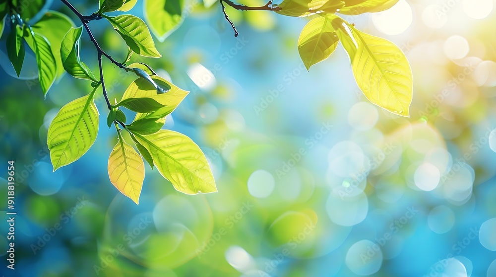 Poster tree branch with leaves in front of blue sunny sky summer background with copy space : generative ai