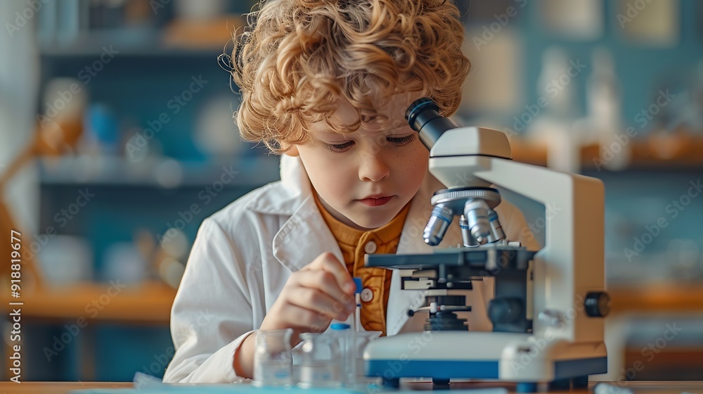 Aufkleber Composition of boy using microscope in science class with blue blurred copy space to right education and science research concept digitally generated image : Generative AI