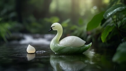 Obraz premium Auspicious things Improve your luck. It was a swan statue made of green jade placed on a rock.