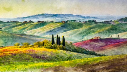 Obraz premium New Watercolor landscape paintings on paper colorful of Village rural, rice field, farm with trees mountain and sky, cloud background