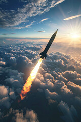 Hypersonic missile flying above the clouds, missile attack