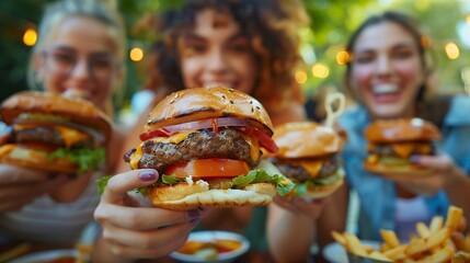 Fast food and friendship Cropped shot of a group of friends eating burgers outdoors : Generative AI