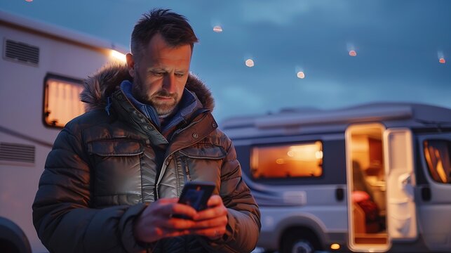CU Caucasian male using his phone near the RV in the evening Travel planner budget booking application blank screen smartphone mockup : Generative AI