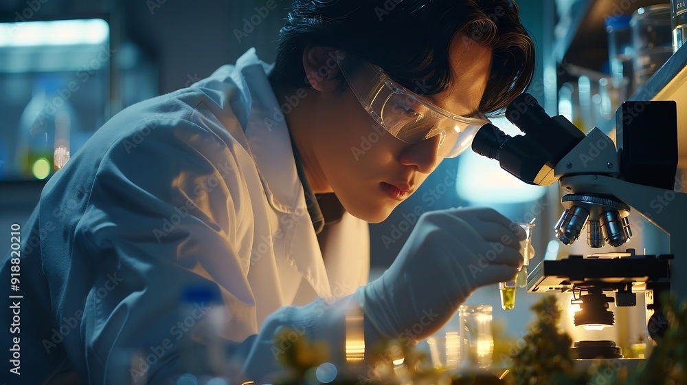 Poster scientist analyze biochemical samples in advanced scientific laboratory medical professional use mic