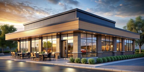 Fototapeta premium Exterior render of a modern one-story restaurant or commercial building, exterior, render, one-story, restaurant