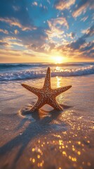 Fototapeta na wymiar Starfish on golden sand at sunset with blurred sea background
