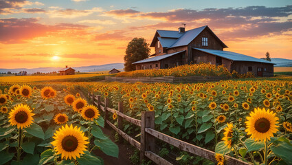 A large house with a porch sits on a hill overlooking a field of sunflowers, with a wooden fence in the foreground. The sky is blue with white clouds
