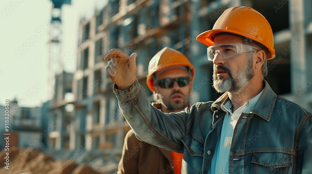 Poster Engineer and foreman worker checking project at precast factory site Engineer and builders in hardhats discussing on construction site : Generative AI
