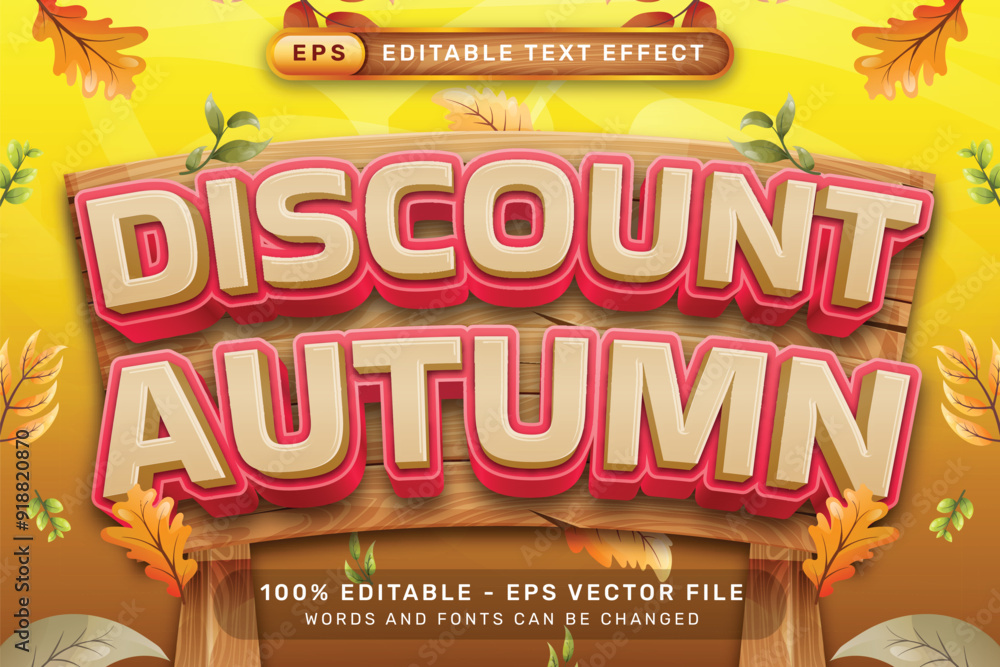 Poster discount autumn 3d text effect and editable text effect with leaf autumn illustration
