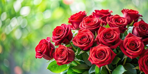 Obraz premium Beautiful bouquet of red roses with green leaves , roses, flowers, floral arrangement, romantic, petals, Valentine's Day, love