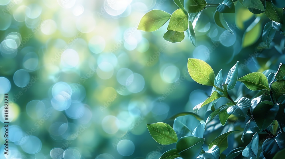 Aufkleber summer background of blue and green blurred foilage and sky with bright bokeh blurry abstract summer
