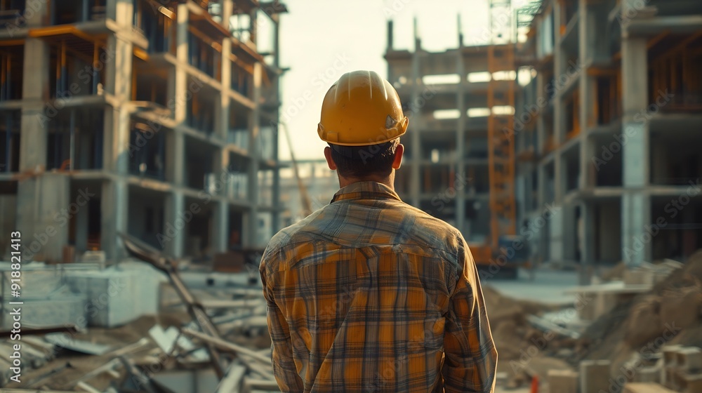 Poster Man checking work process on construction site working : Generative AI