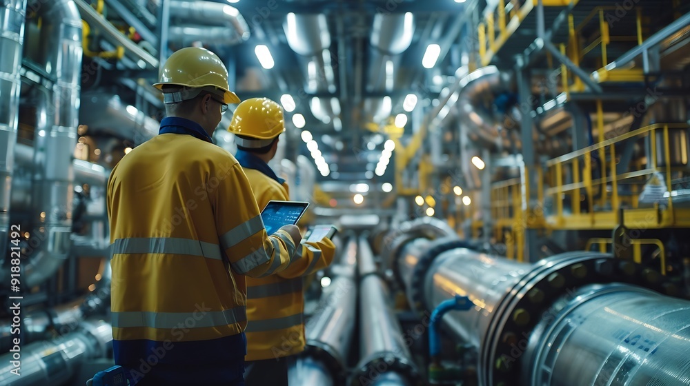 Aufkleber heavyduty industrial engineers stand in a pipeline manufacturing facility using digital tablet compu
