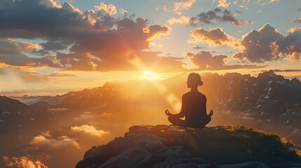 Obraz premium Sunset meditation in the mountains, silhouetted figure