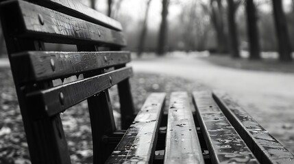 Fototapeta premium Black bench close up in the empty park black and white photo : Generative AI