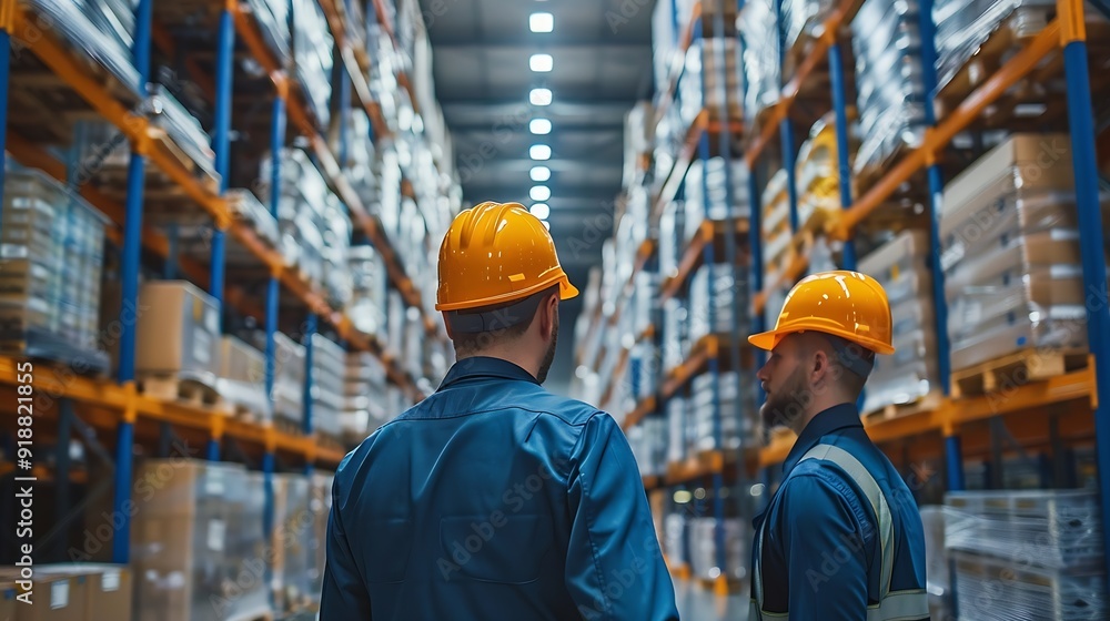 Poster Portrait of engineers workers planning and talking in empty warehouse to design the arrangement of product shelves Team foreman talk details work : Generative AI
