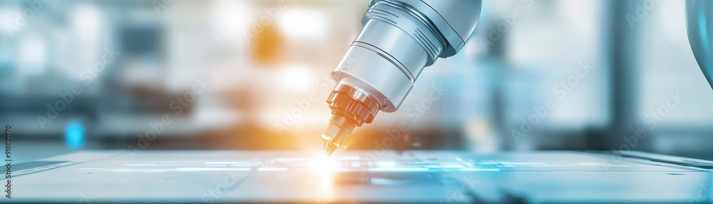 Poster robotic arm performing precision work in a modern industrial setting with glowing sparks and advance