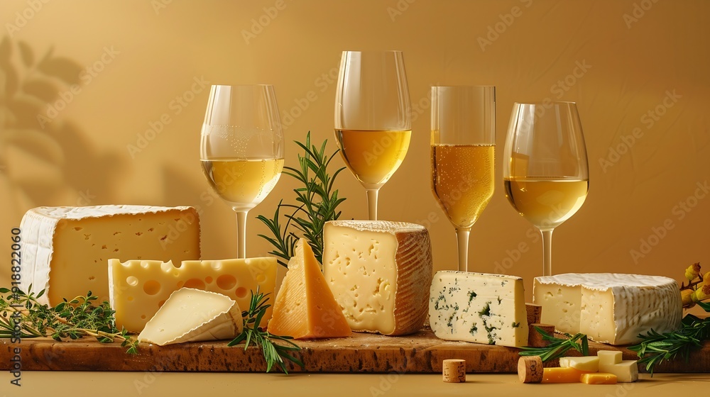 Poster various cheese on board and white wine over beige background with copy space : generative ai