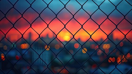 Fototapeta premium chain link fence with city lights in the background at sunset