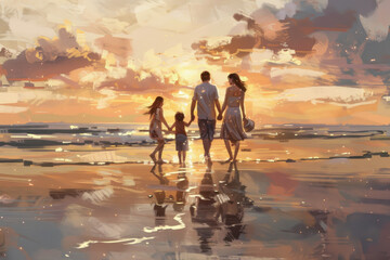 Fototapeta premium travel and family holding hands on beach walking on holiday,, relax and family bonding from back 