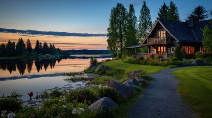 Obraz premium A cozy cabin with a lake view, nestled in the woods, bathed in the soft glow of sunset.