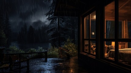 Fototapeta premium A cozy cabin with a warm interior glows in the darkness as rain falls heavily outside.