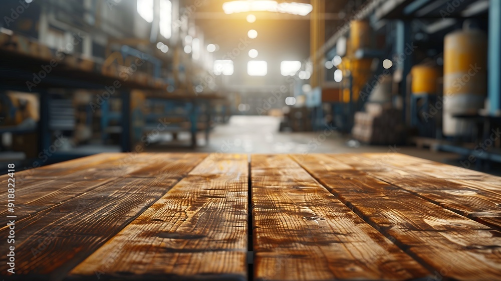 Aufkleber The empty wooden table top with blur background of factory Exuberant image : Generative AI