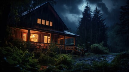 A cozy cabin with warm lights glows in the darkness of a rainy night, with a crescent moon shining through the clouds and tall trees surrounding it.