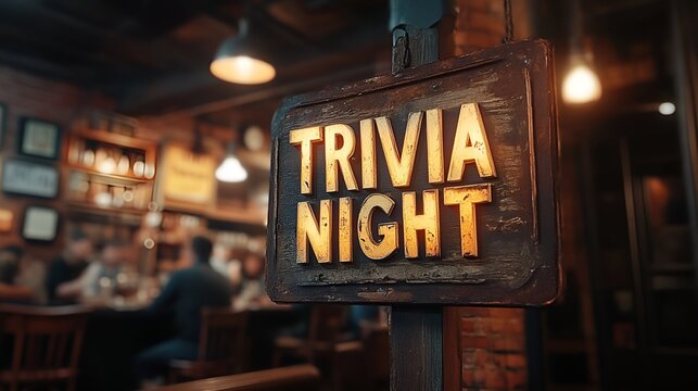 Sign that reads &ldquo;TRIVIA NIGHT&rdquo; - bar - lounge - club - restaurant - tavern - wooden sign - rustic - happy hour 