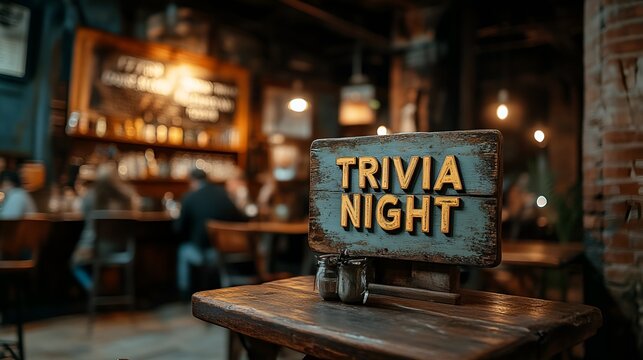 Sign that reads &ldquo;TRIVIA NIGHT&rdquo; - bar - lounge - club - restaurant - tavern - wooden sign - rustic - happy hour 