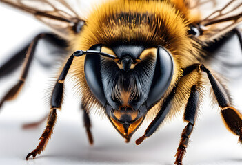 A close-up view of a bee showcasing its detailed features, including large black eyes, fuzzy yellow and black body, and intricate antennae. The background is softly blurred.