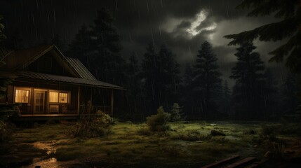 A cozy cabin with warm lights sits in a dark, rainy forest with a moonlit sky.