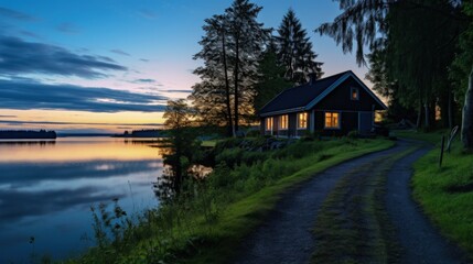 Fototapeta premium A cozy cabin with warm lights sits on the edge of a lake, with a path leading towards the water. The sky is a beautiful blend of blue and orange.