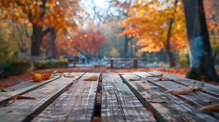 Empty wooden table with tablecloth over autumn nature park background : Generative AI