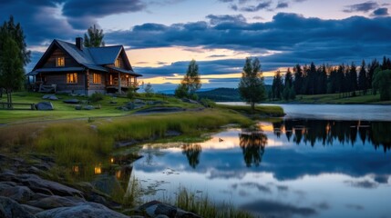 Obraz premium A cozy wooden cabin nestled on a grassy hillside overlooking a tranquil lake with a picturesque sunset sky.