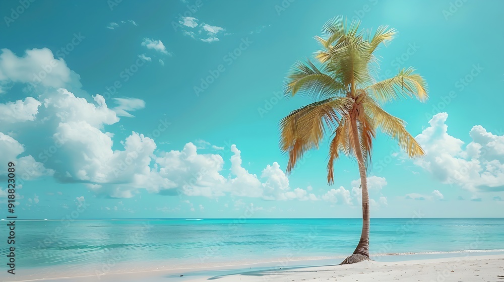 Poster palm tree on tropical beach with blue sky and white clouds abstract background copy space of summer 