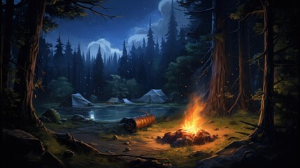 Obraz premium A crackling campfire illuminates the forest floor at night, casting an ethereal glow on the surrounding trees and tents.