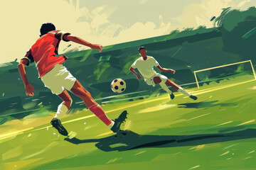 Fototapeta premium Soccer player kicking ball. play soccer or football on green field, 