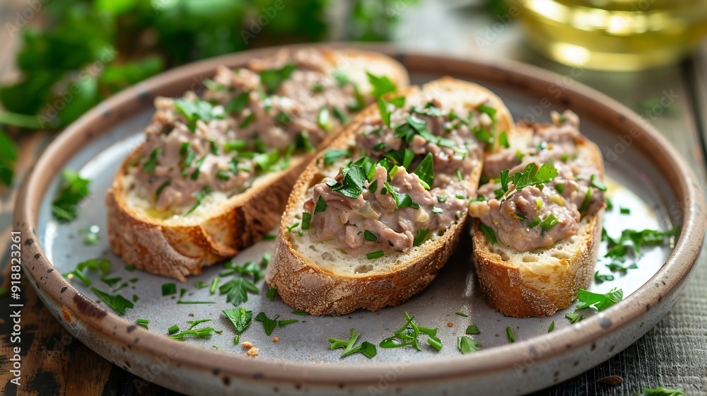 Poster toasted bread with chicken liver pate on plate over wooden background top view flat lay : generative
