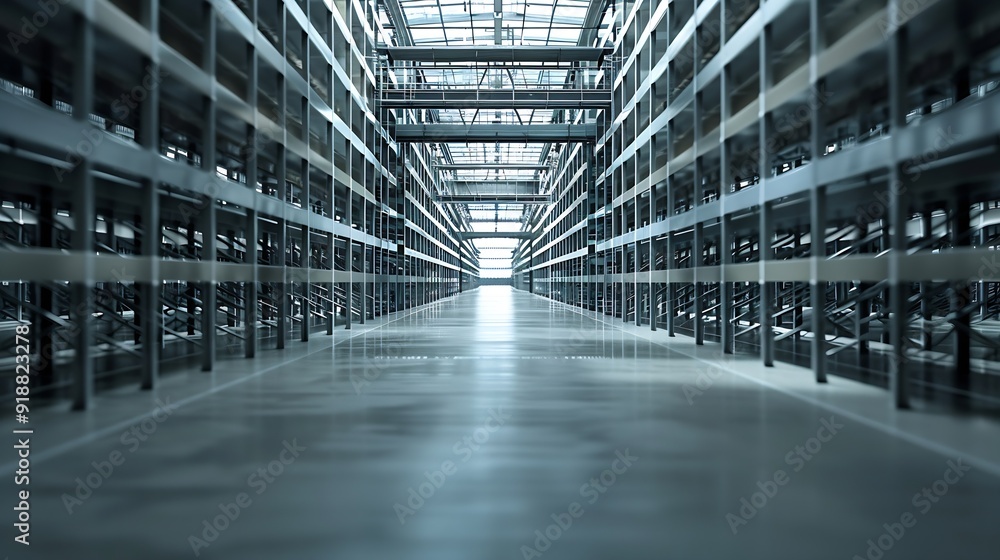 Poster large storage warehouse there is a walkway in the middle between the shelves : generative ai