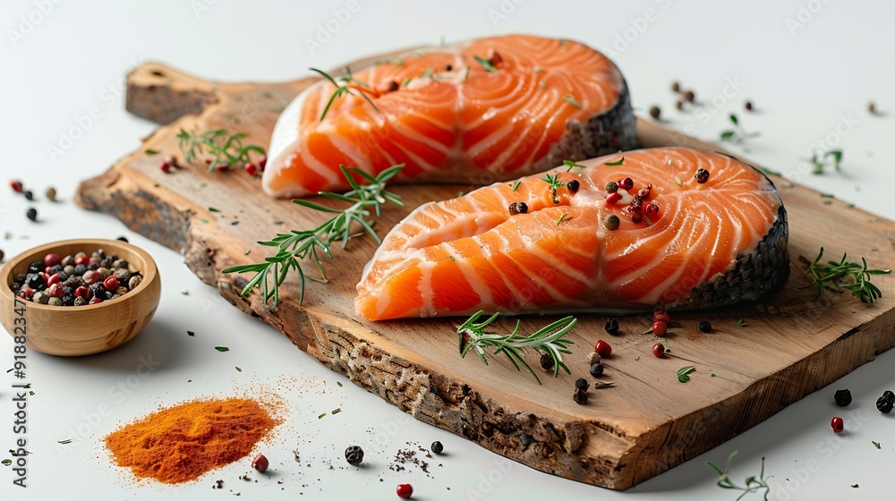 Poster wooden board with raw salmon steaks and different spices on white background : generative ai