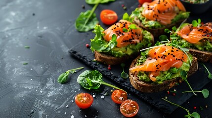 Open sandwiches with salted salmon guacamole avocado and microgreens Seafood Healthy food Top view : Generative AI