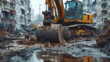 Fototapeta premium excavator is working and digging at construction site : Generative AI
