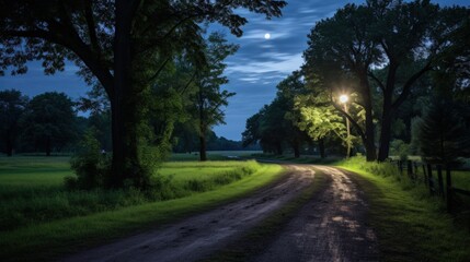 A dirt road through a forest with a moon and a streetlight.